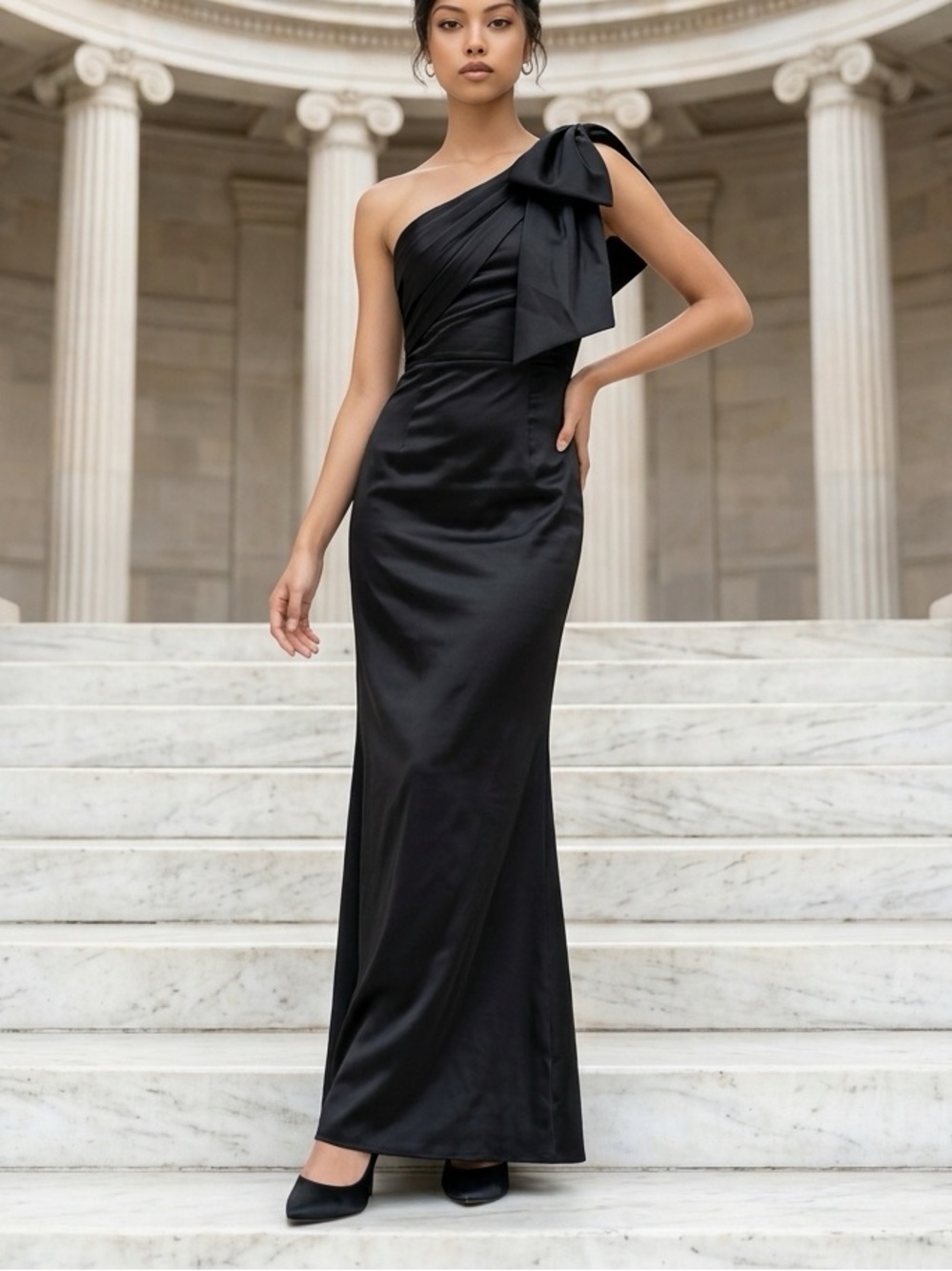 One-Shoulder Black Satin Evening Gown